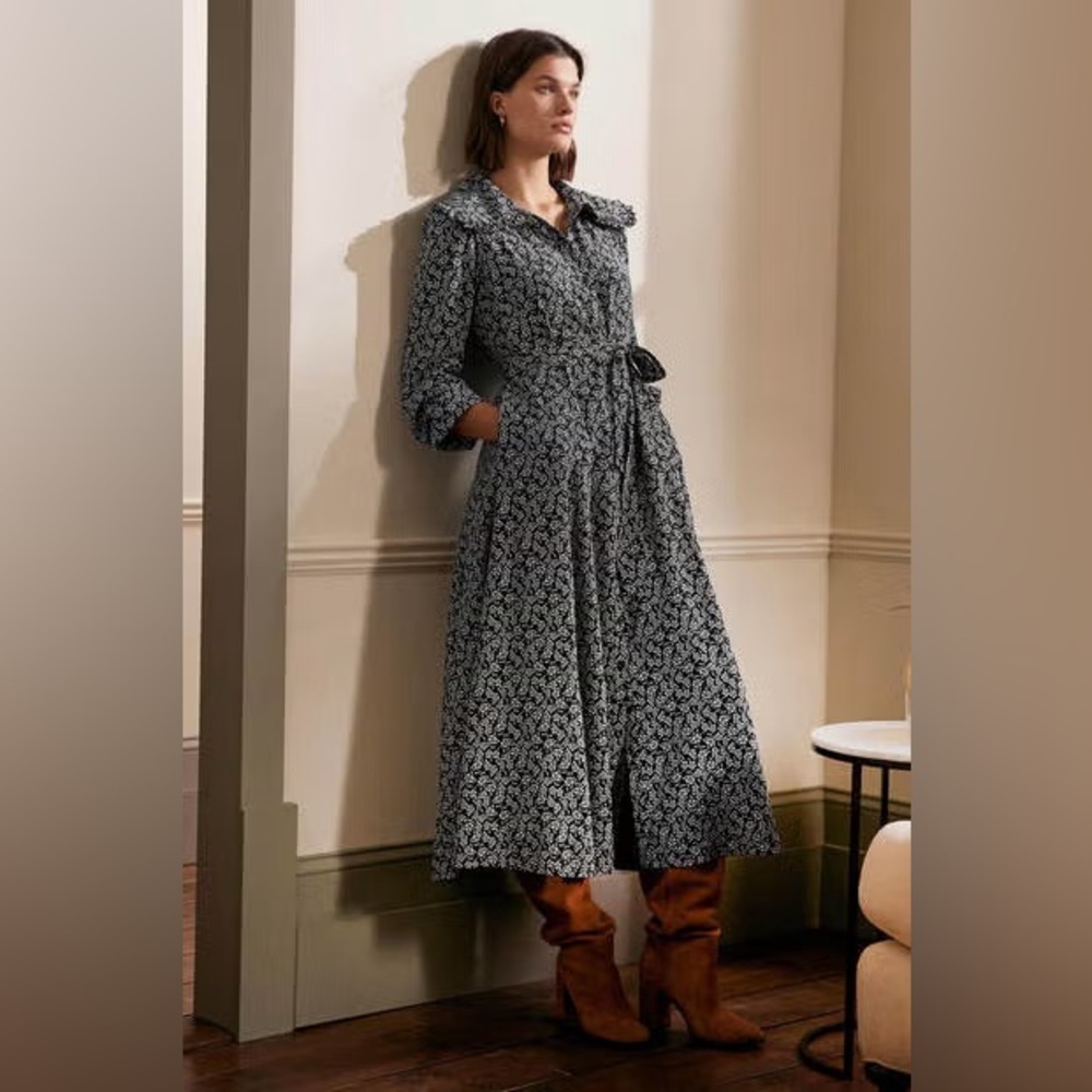 BODEN Collar Shirt Dress Midi Black Cherry Blossom Floral Boho Cottagecore 10
